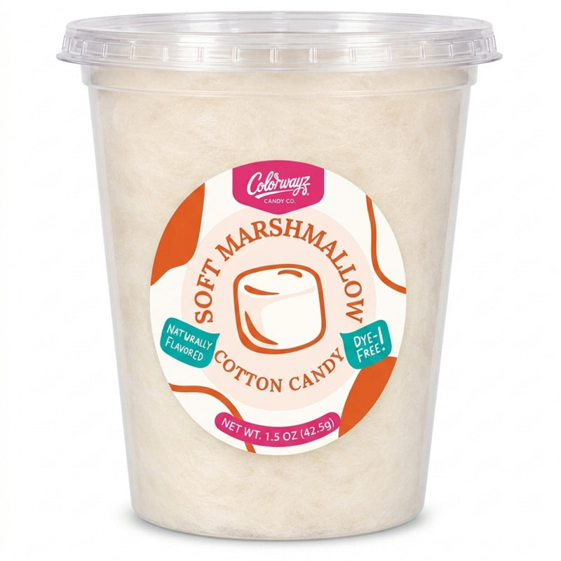 Colorwayz Soft Marshmallow dye-free cotton candy in a clear 32 oz deli tub with off-white cotton candy and a marshmallow label.