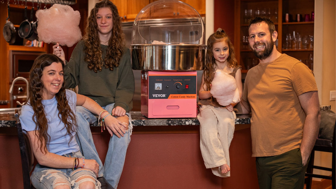 Family making dye-free cotton candy for a celebration