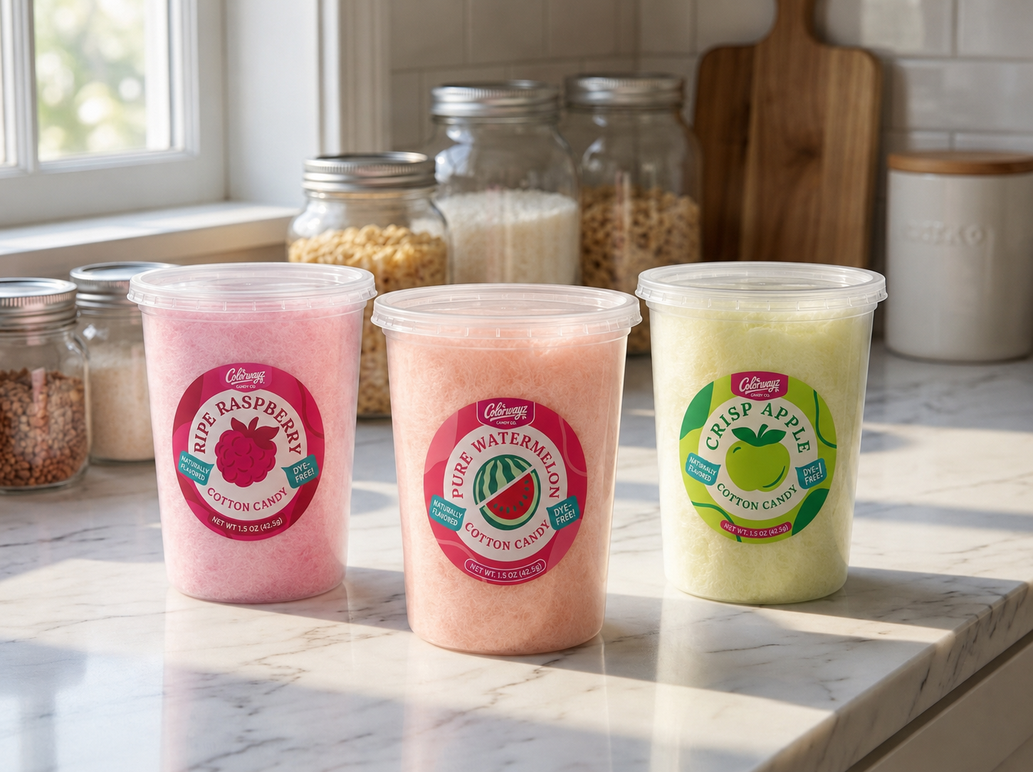 Three Colorwayz dye-free cotton candy tubs in Ripe Raspberry, Pure Watermelon, and Crisp Apple on a sunlit kitchen counter.