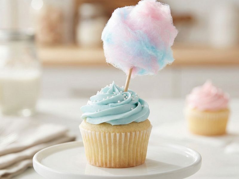Dye-free cotton candy cupcakes topped with fluffy pastel cotton candy using Colorwayz natural cotton candy sugar