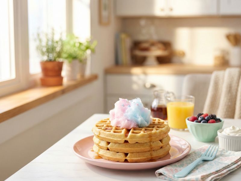 Dye-free cotton candy waffles served with fresh fruit for a family breakfast