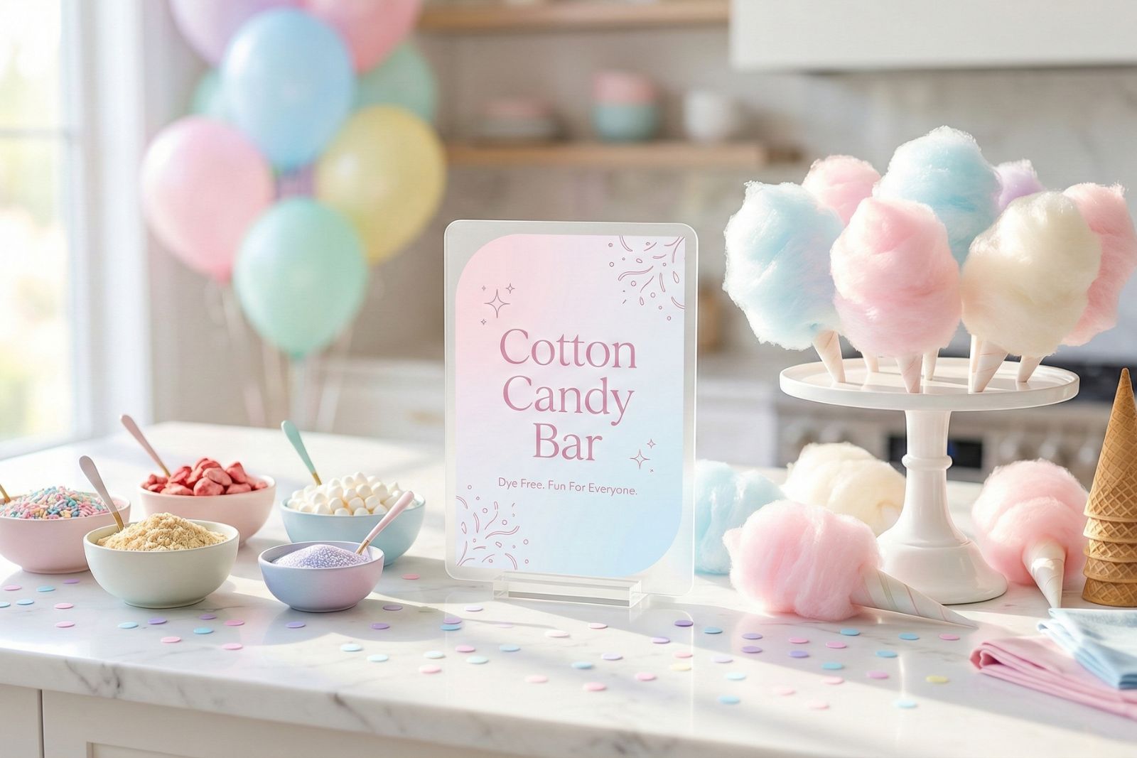 Dye-free birthday cotton candy bar set up for a kids party