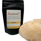 Freshly spun caramel cotton candy next to Colorwayz Caramel Cotton Candy Sugar bag, showcasing rich caramel flavor made with natural food coloring.