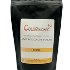 Freshly spun caramel cotton candy next to Colorwayz Caramel Cotton Candy Sugar bag, showcasing rich caramel flavor made with natural food coloring.