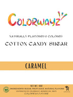 Close-up of Colorwayz Caramel Cotton Candy Sugar label, highlighting natural ingredients and vibrant caramel flavor for fluffy cotton candy.