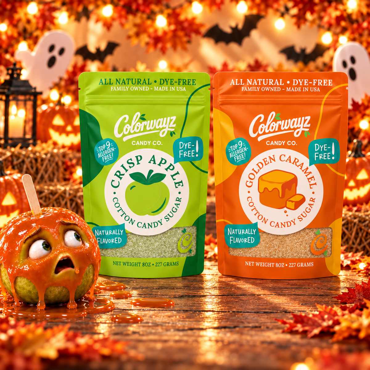 Colorwayz Crisp Apple and Golden Caramel dye-free cotton candy sugar, 8oz bags