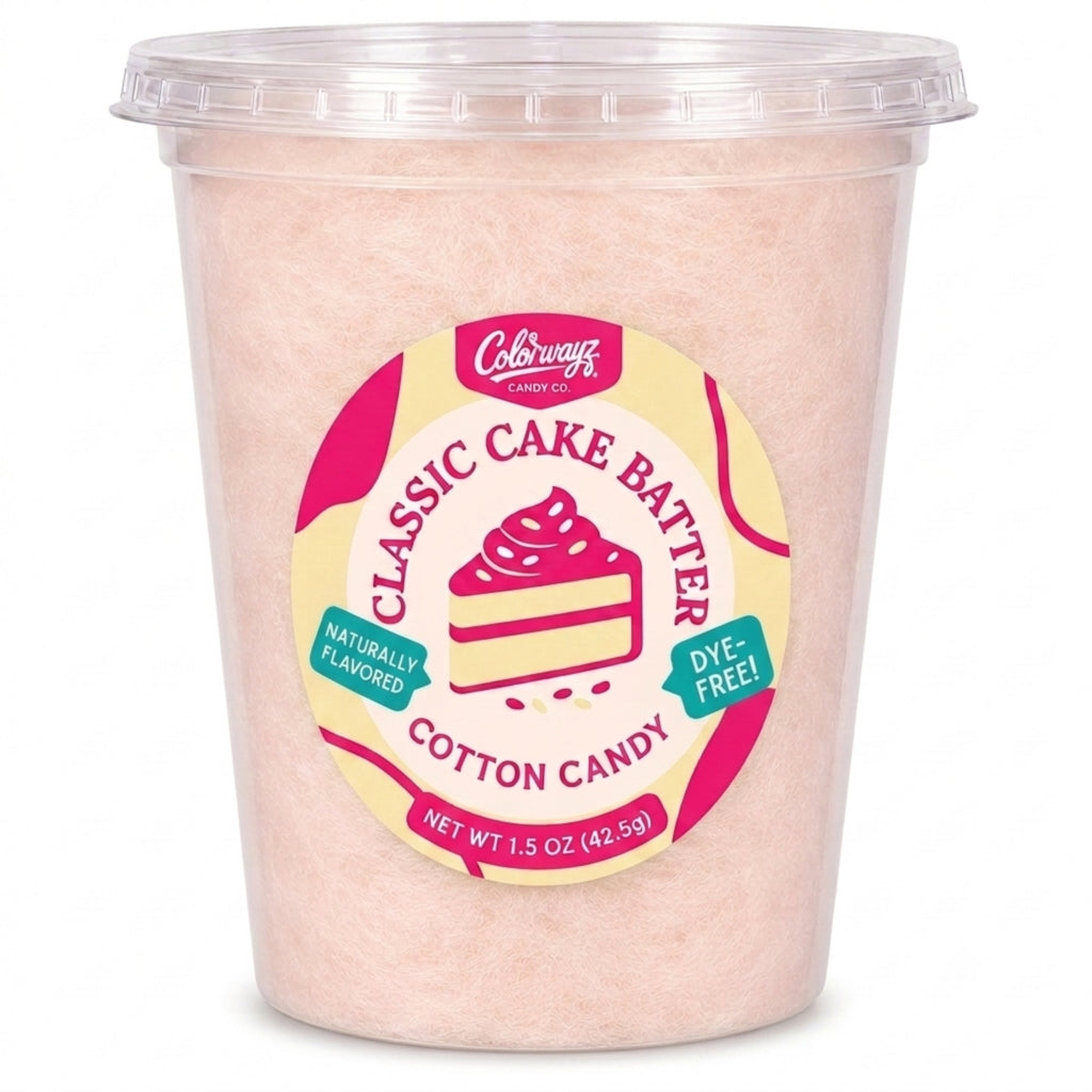 Colorwayz Classic Cake Batter dye-free cotton candy in a clear 32 oz deli tub with pale pink cotton candy and a cake slice label.