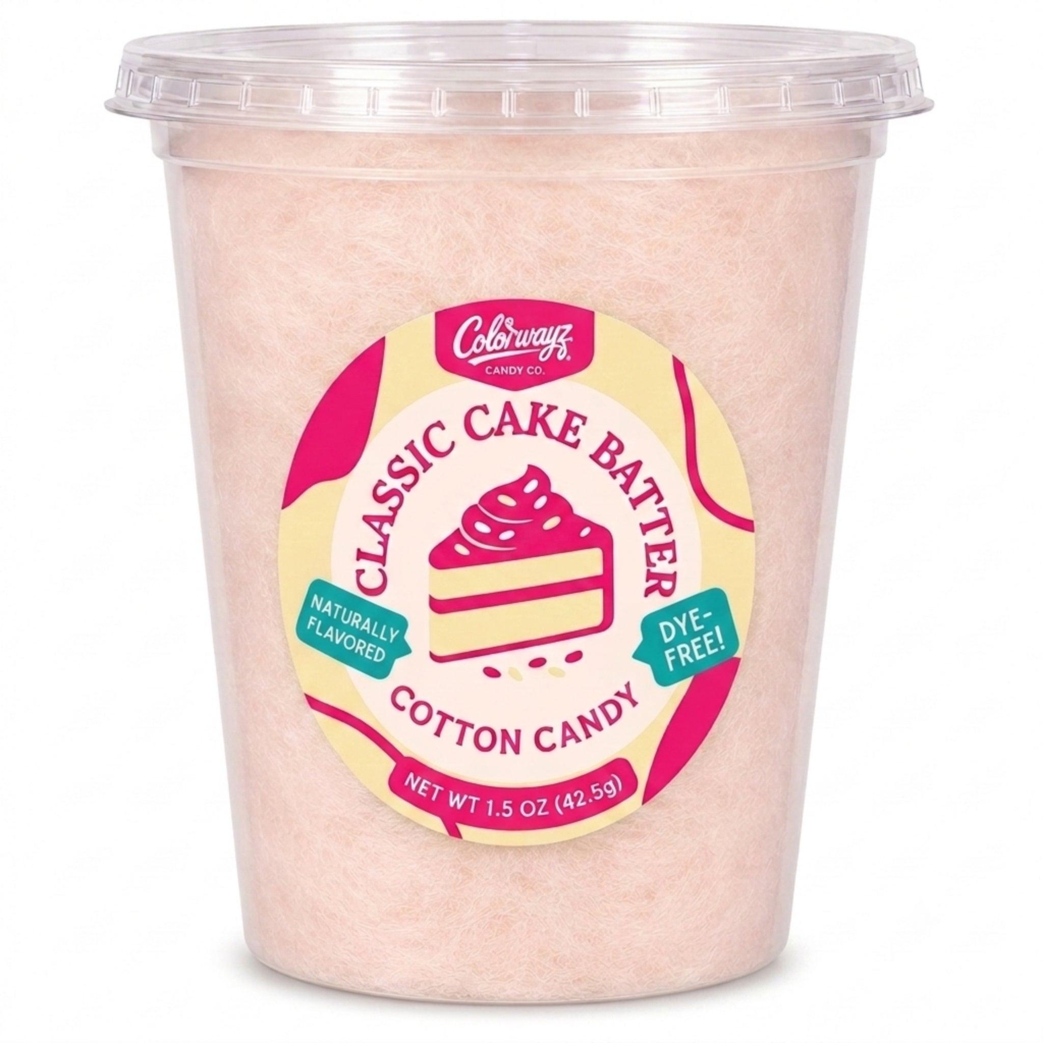 Colorwayz Classic Cake Batter dye-free cotton candy in a clear 32 oz deli tub with pale pink cotton candy and a cake slice label.