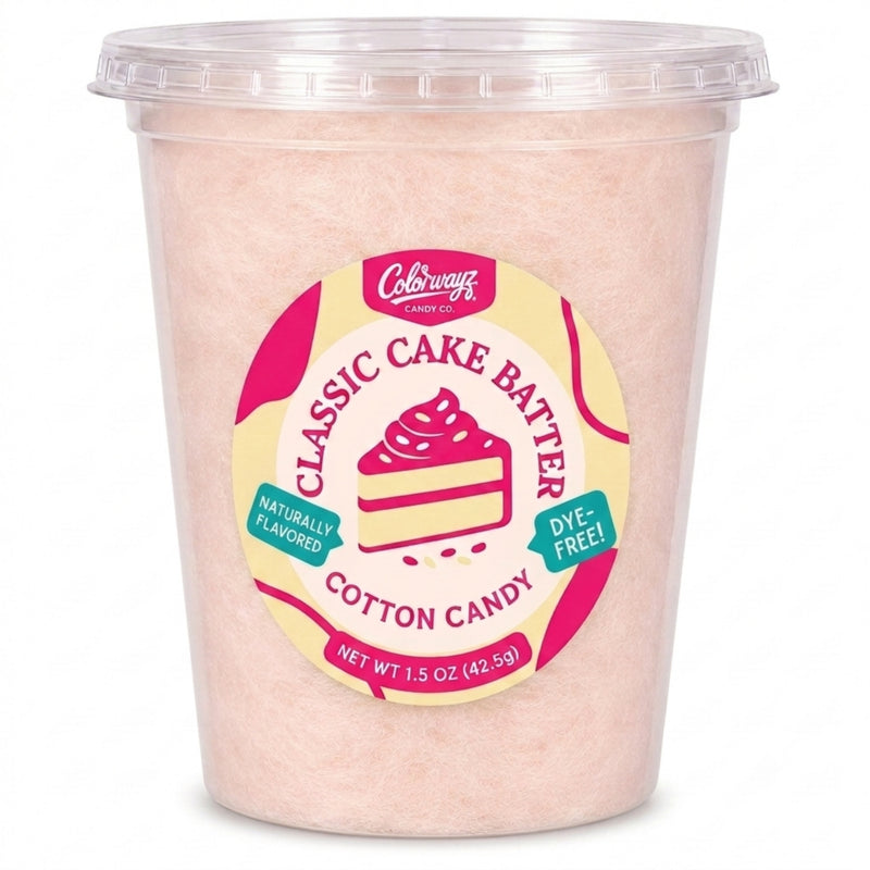 Colorwayz Classic Cake Batter dye-free cotton candy in a clear 32 oz deli tub with pale pink cotton candy and a cake slice label.