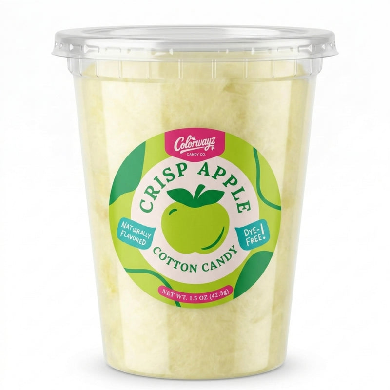 Colorwayz Crisp Apple dye-free cotton candy in a clear 32 oz deli tub with pale green cotton candy and a green apple label.