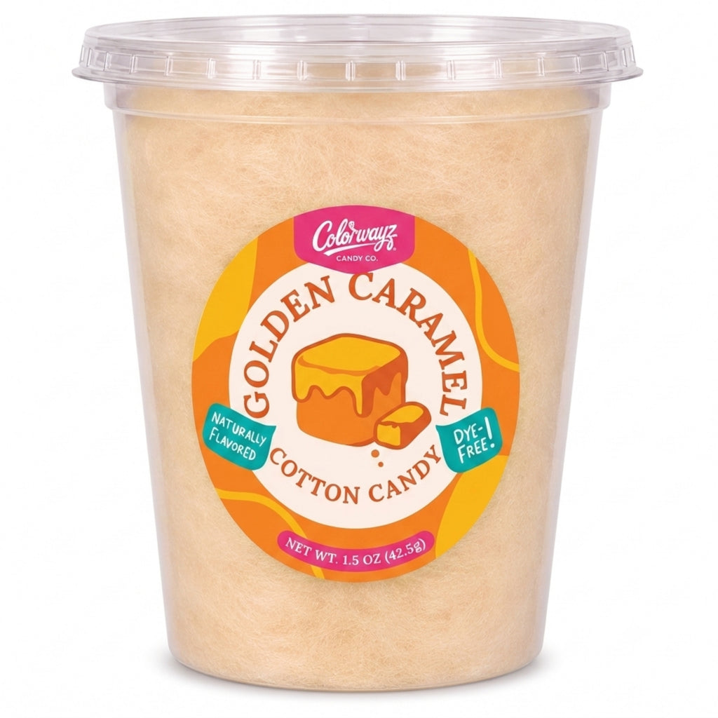 Colorwayz Golden Caramel dye-free cotton candy in a clear 32 oz deli tub with light caramel-colored cotton candy and a caramel label.