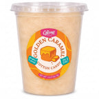 Colorwayz Golden Caramel dye-free cotton candy in a clear 32 oz deli tub with light caramel-colored cotton candy and a caramel label.