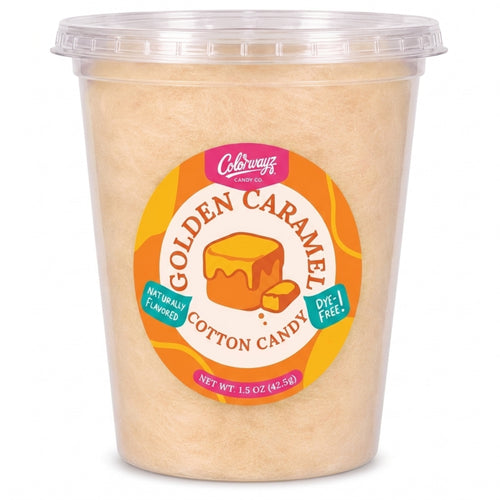 Colorwayz Golden Caramel dye-free cotton candy in a clear 32 oz deli tub with light caramel-colored cotton candy and a caramel label.