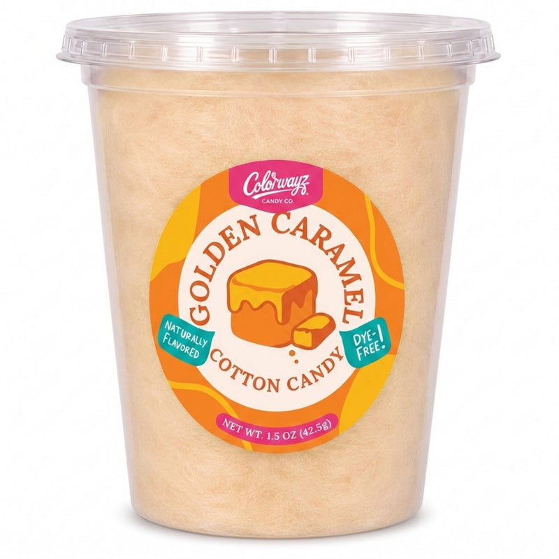 Colorwayz Golden Caramel dye-free cotton candy in a clear 32 oz deli tub with light caramel-colored cotton candy and a caramel label.