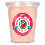 Colorwayz Pure Watermelon dye-free cotton candy in a clear 32 oz deli tub with pale peach-pink cotton candy and a watermelon label.