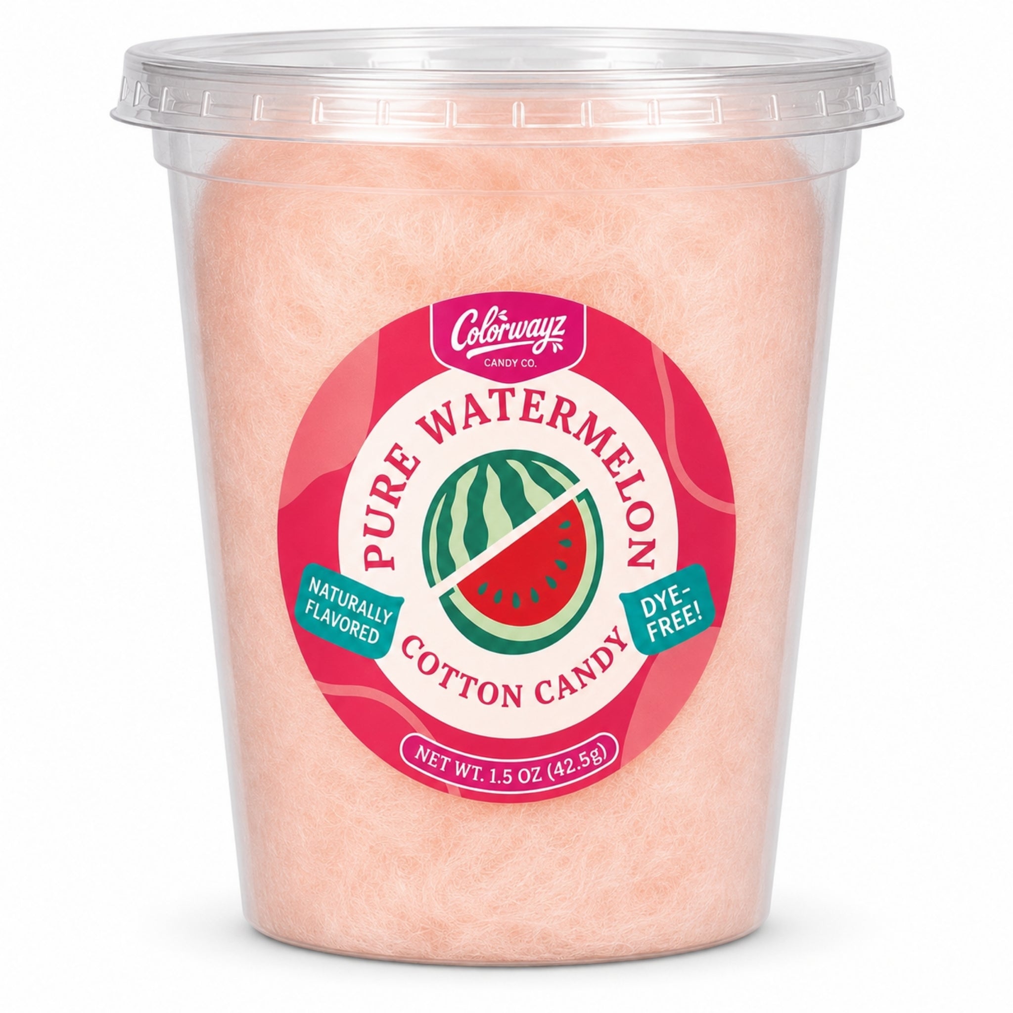     Colorwayz Pure Watermelon dye-free cotton candy in a clear 32 oz deli tub with pale peach-pink cotton candy and a watermelon label.