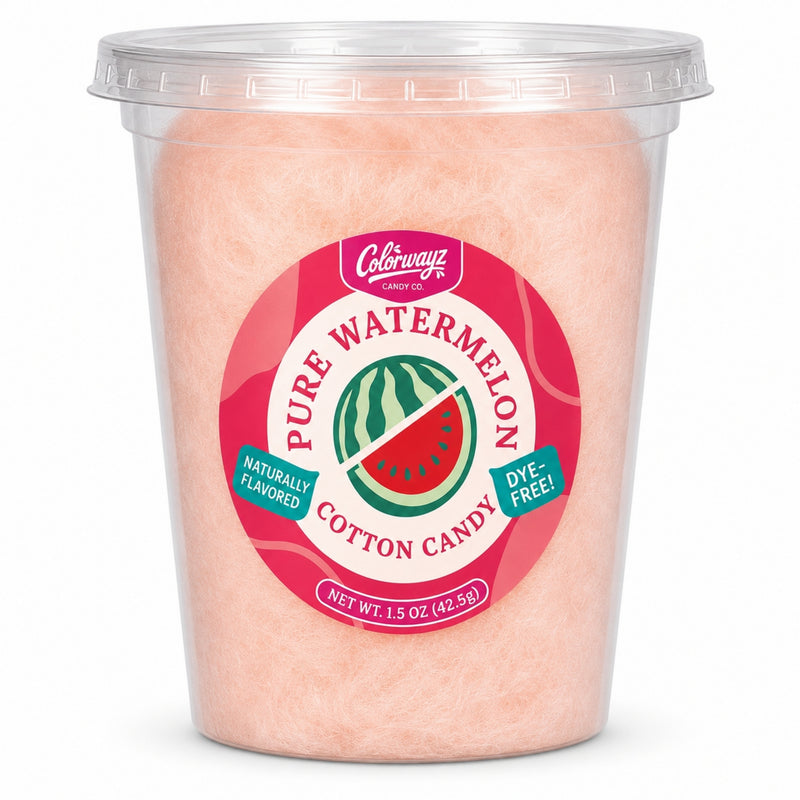Colorwayz Pure Watermelon dye-free cotton candy in a clear 32 oz deli tub with pale peach-pink cotton candy and a watermelon label.