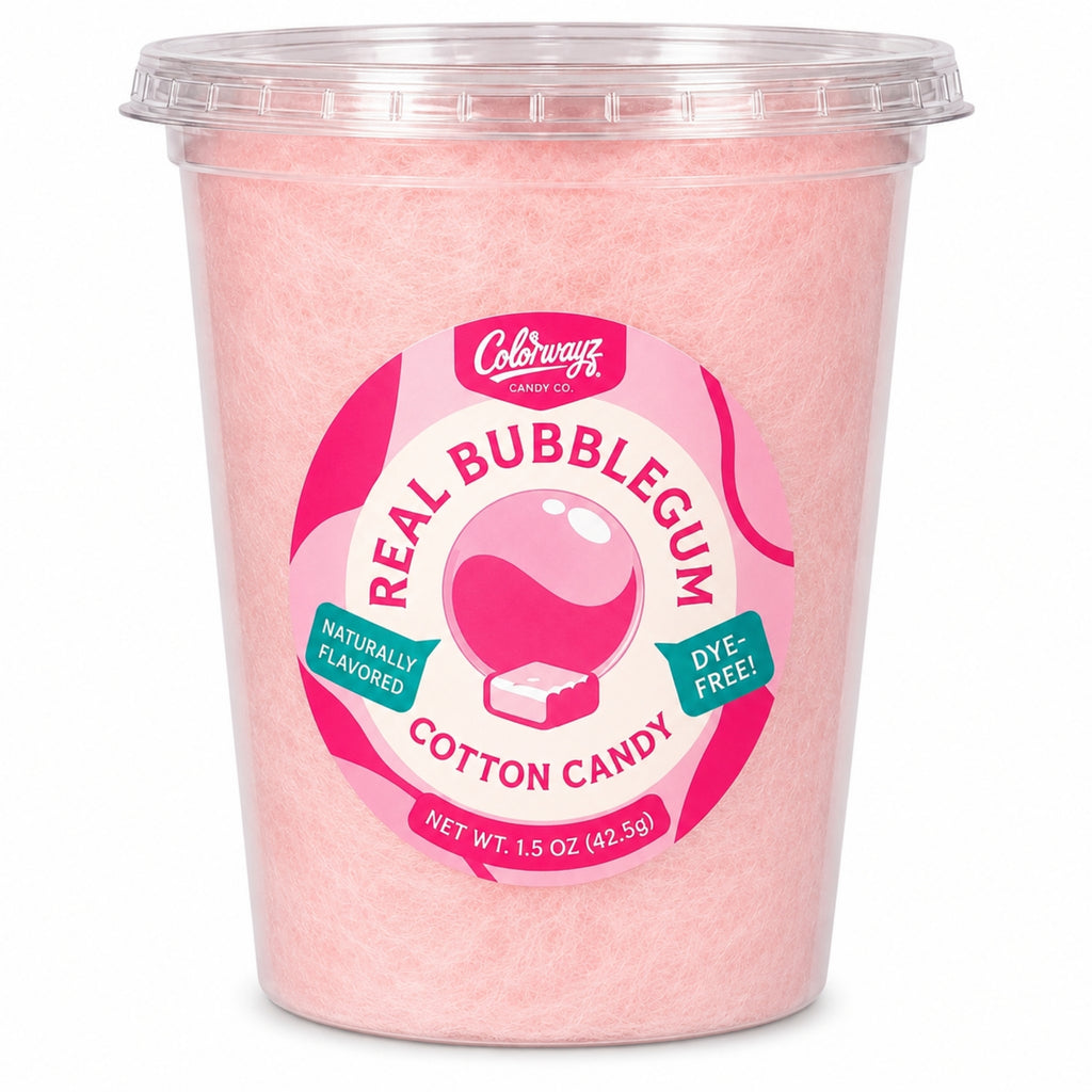 Colorwayz Real Bubblegum dye-free cotton candy in a clear 32 oz deli tub with soft pink cotton candy and a bubblegum label.