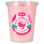 Colorwayz Real Bubblegum dye-free cotton candy in a clear 32 oz deli tub with soft pink cotton candy and a bubblegum label.