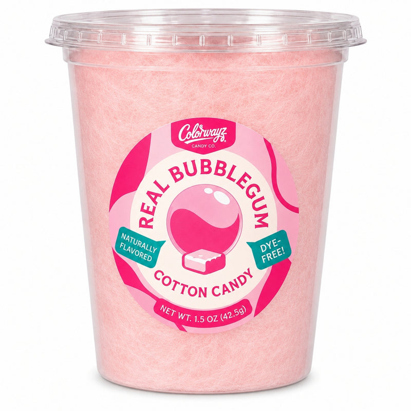 Colorwayz Real Bubblegum dye-free cotton candy in a clear 32 oz deli tub with soft pink cotton candy and a bubblegum label.