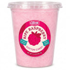     Colorwayz Ripe Raspberry dye-free cotton candy in a clear 32 oz deli tub with light pink cotton candy and a raspberry label.