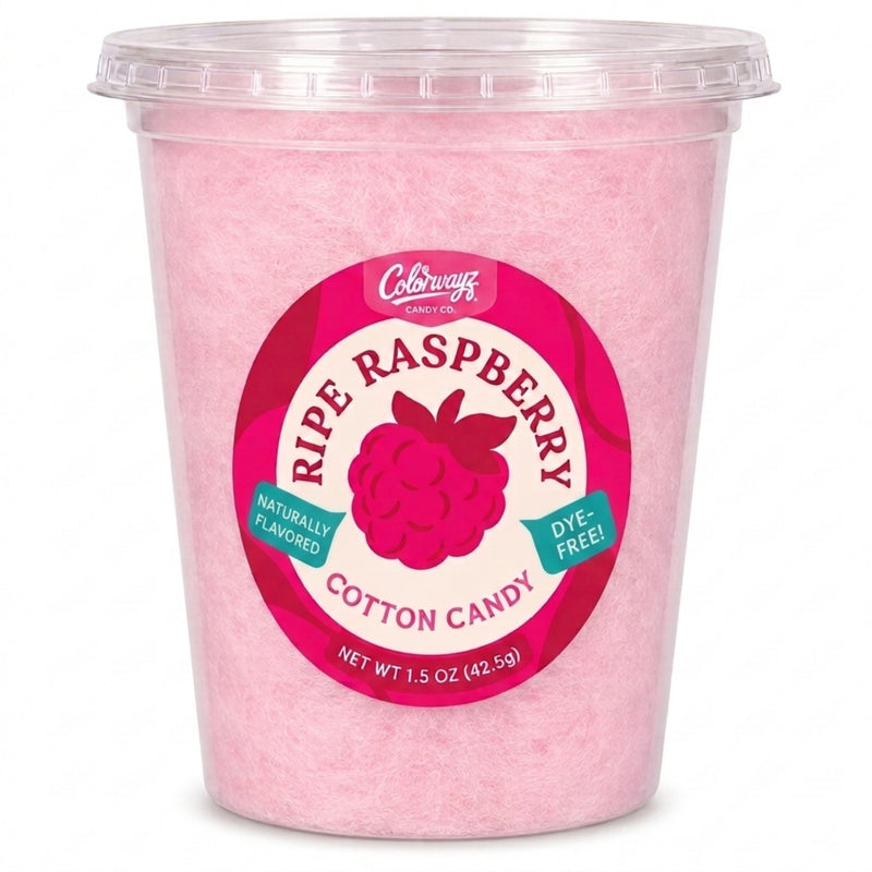    Colorwayz Ripe Raspberry dye-free cotton candy in a clear 32 oz deli tub with light pink cotton candy and a raspberry label.