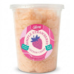 Colorwayz Simple Strawberry dye-free cotton candy in a clear 32 oz deli tub with pale peach-pink cotton candy and a strawberry label.