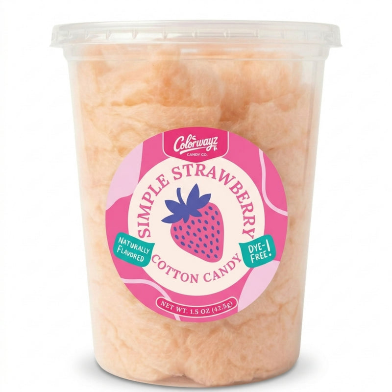 Colorwayz Simple Strawberry dye-free cotton candy in a clear 32 oz deli tub with pale peach-pink cotton candy and a strawberry label.