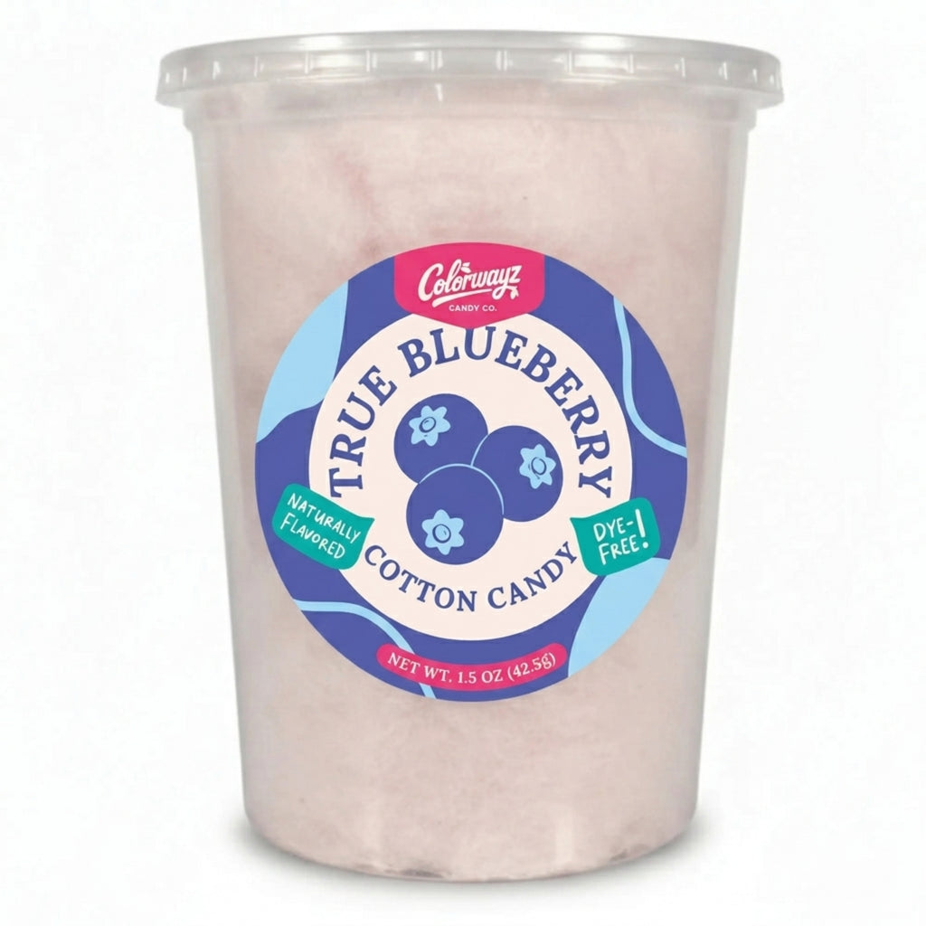 Colorwayz True Blueberry dye-free cotton candy in a clear 32 oz deli tub with pale lavender-pink cotton candy and a blueberry label.