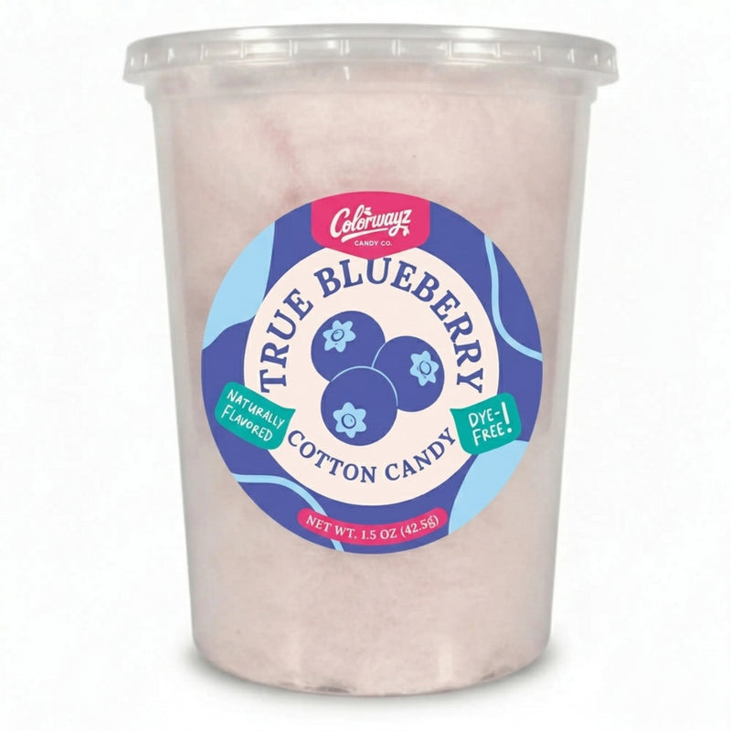Colorwayz True Blueberry dye-free cotton candy in a clear 32 oz deli tub with pale lavender-pink cotton candy and a blueberry label.