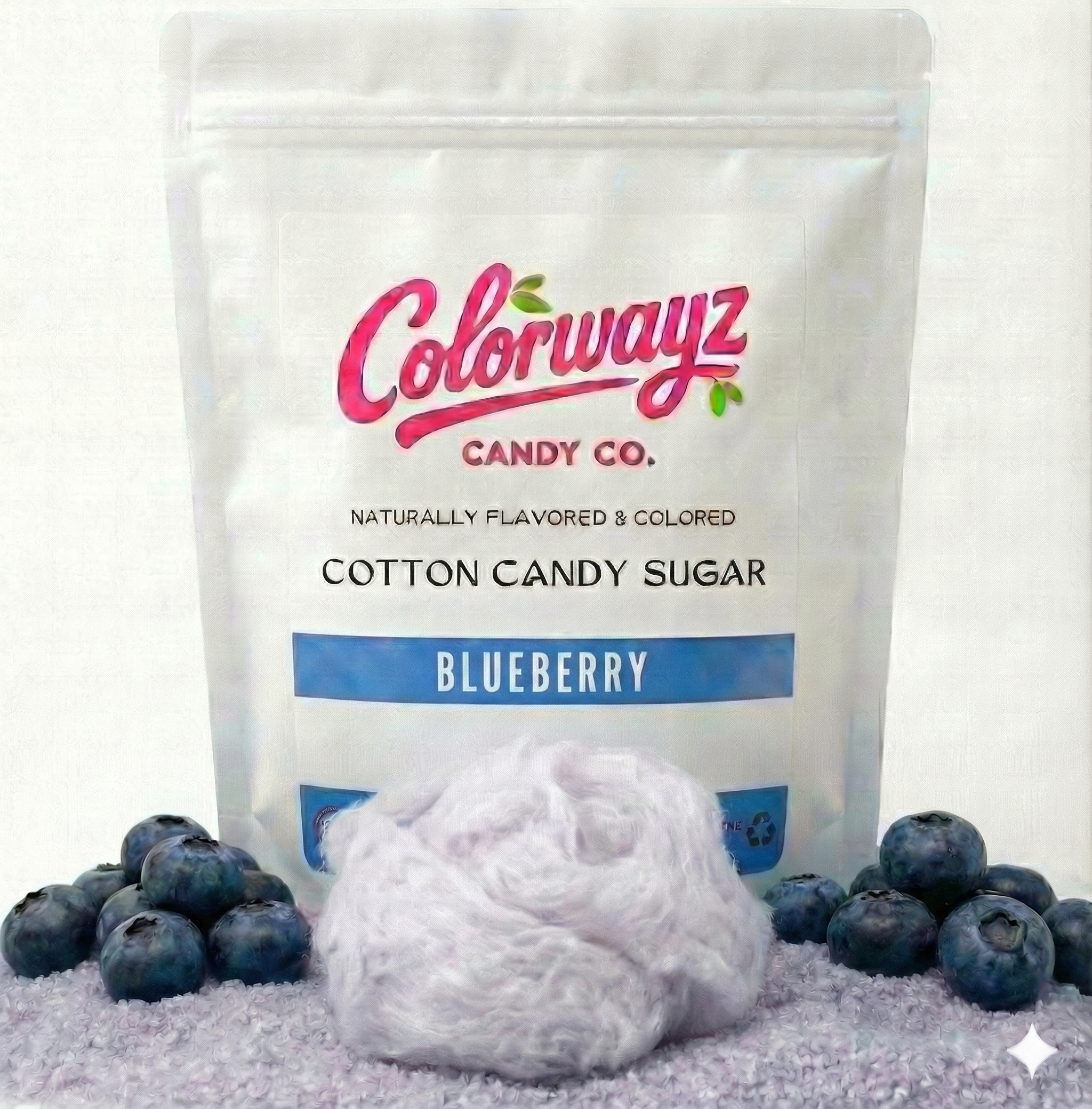 Soft spun blueberry cotton candy made with Colorwayz naturally flavored and colored cotton candy sugar, dye-free floss candy with real blueberry flavor