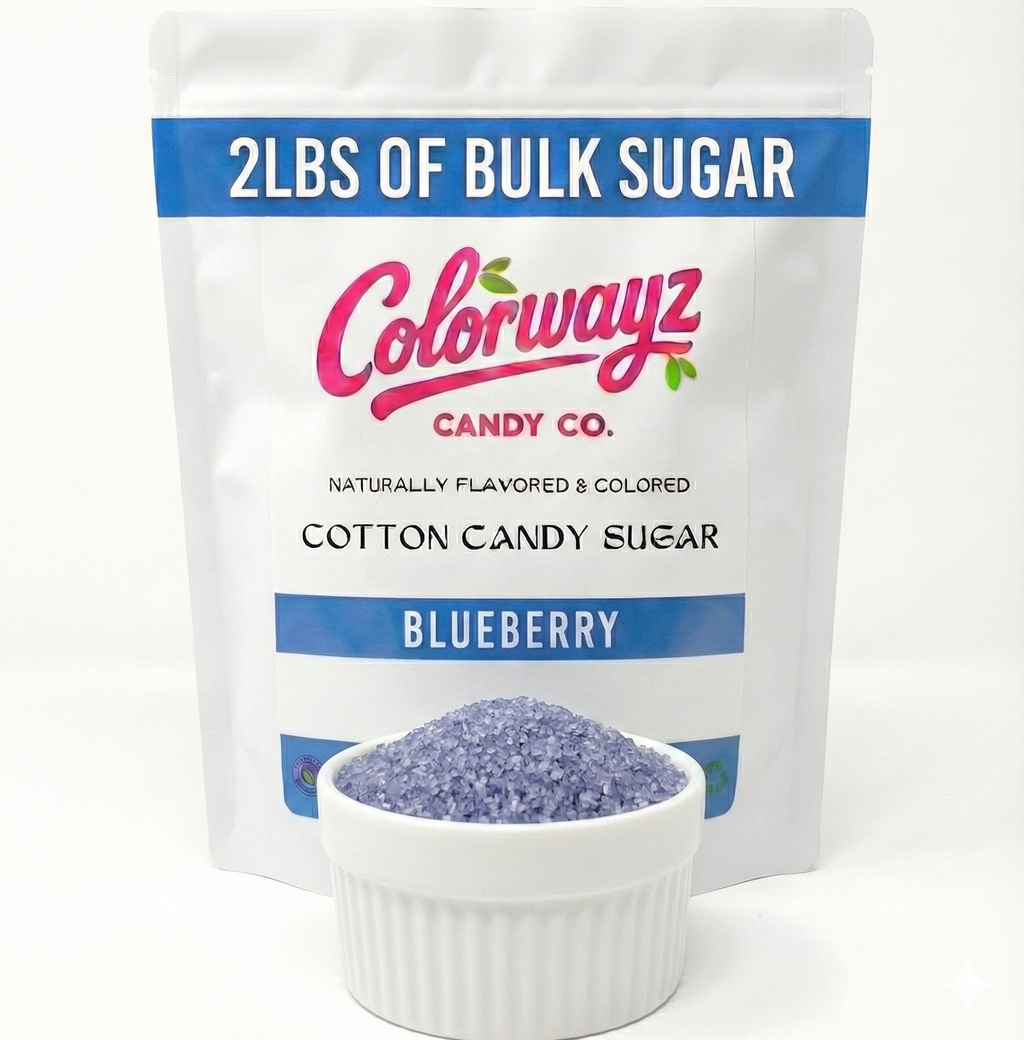 Blueberry cotton candy sugar crystals in bowl beside Colorwayz resealable pouch, naturally colored dye-free cotton candy sugar for home and commercial machines