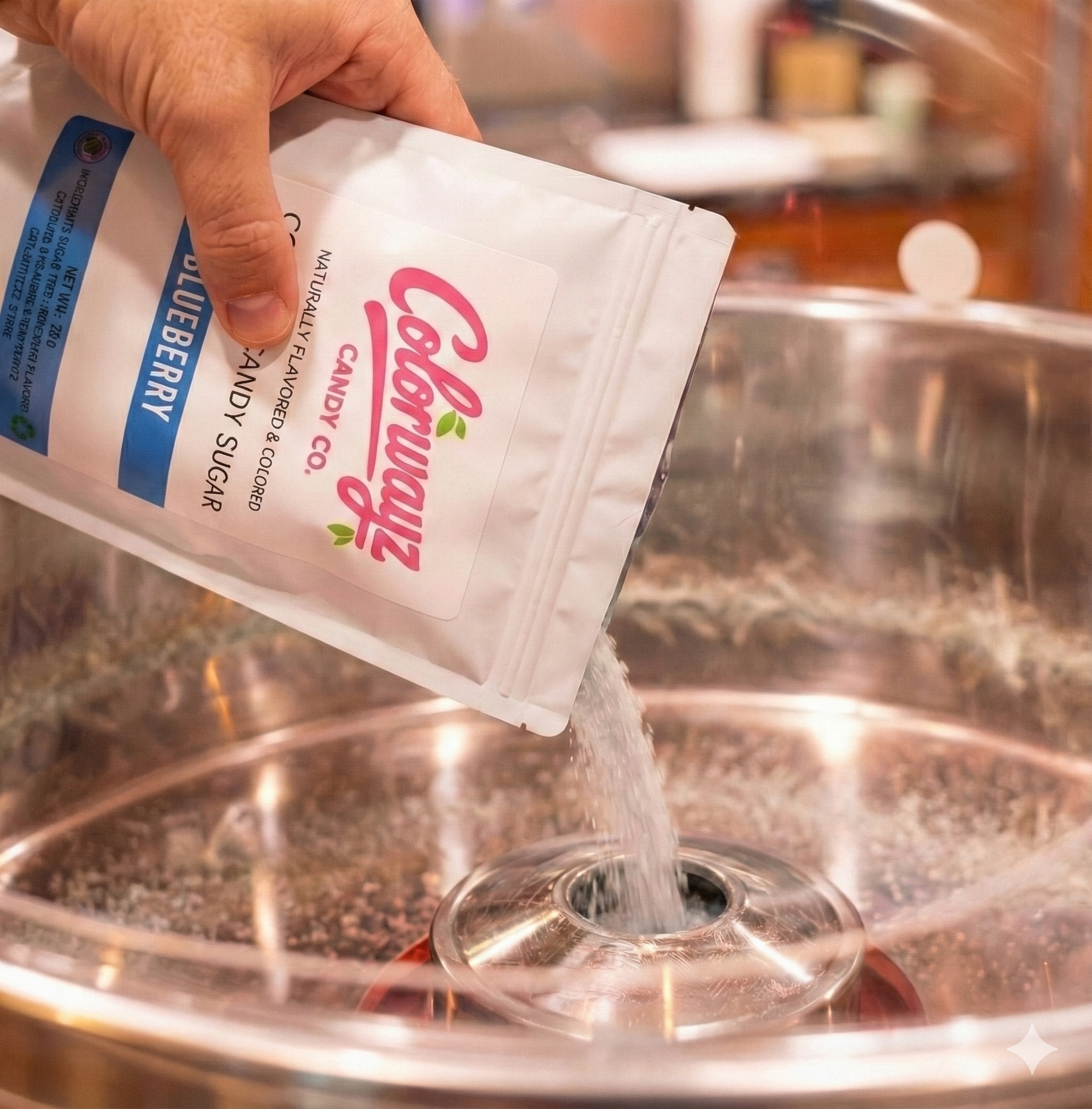 Pouring Colorwayz blueberry cotton candy sugar into cotton candy machine, naturally flavored and colored dye-free floss sugar in use