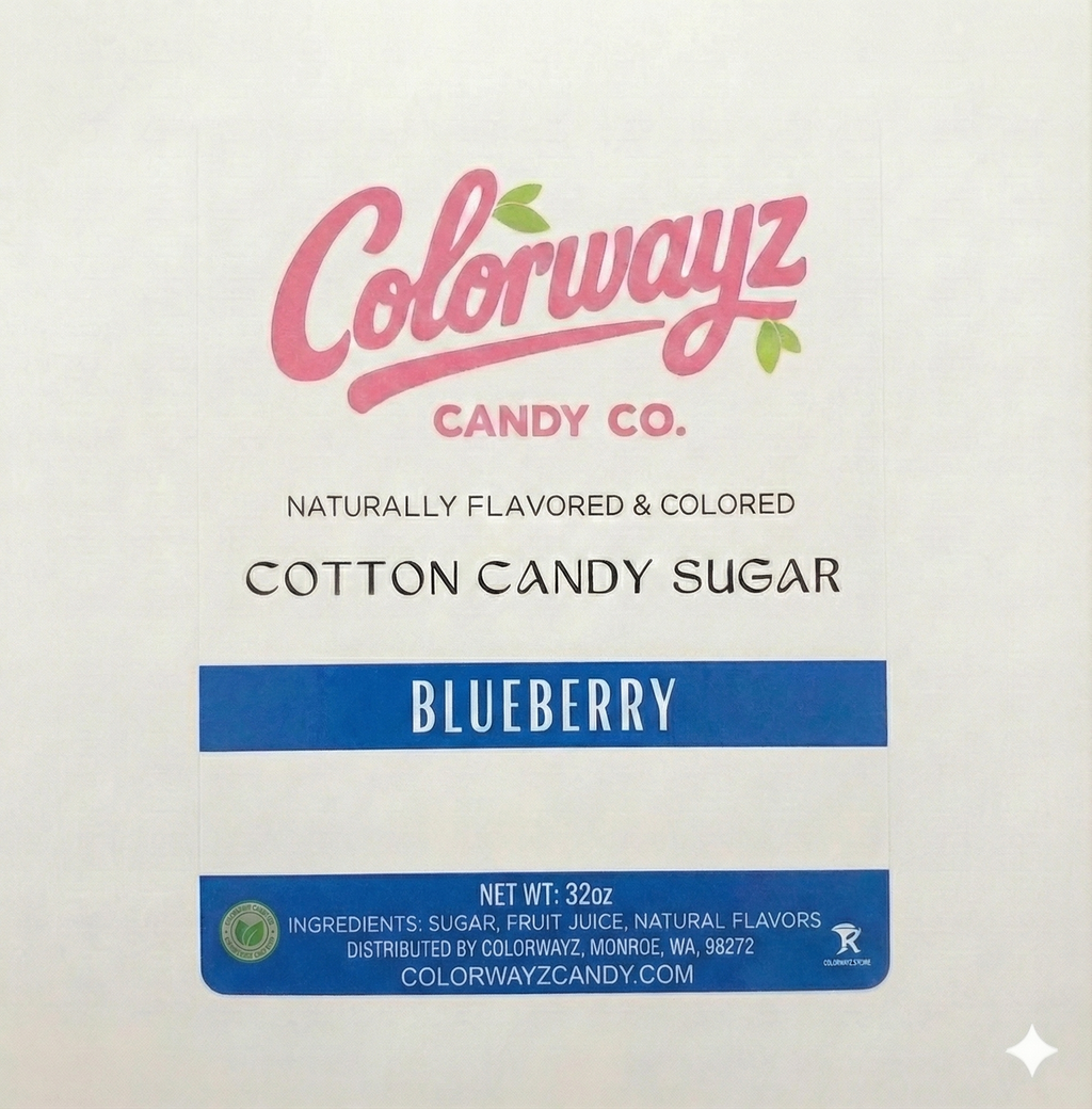 Colorwayz Candy Co blueberry cotton candy sugar label showing ingredients with sugar, fruit juice, and natural flavors, dye-free cotton candy sugar