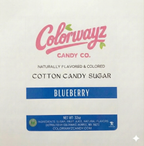 Colorwayz Candy Co blueberry cotton candy sugar label showing ingredients with sugar, fruit juice, and natural flavors, dye-free cotton candy sugar