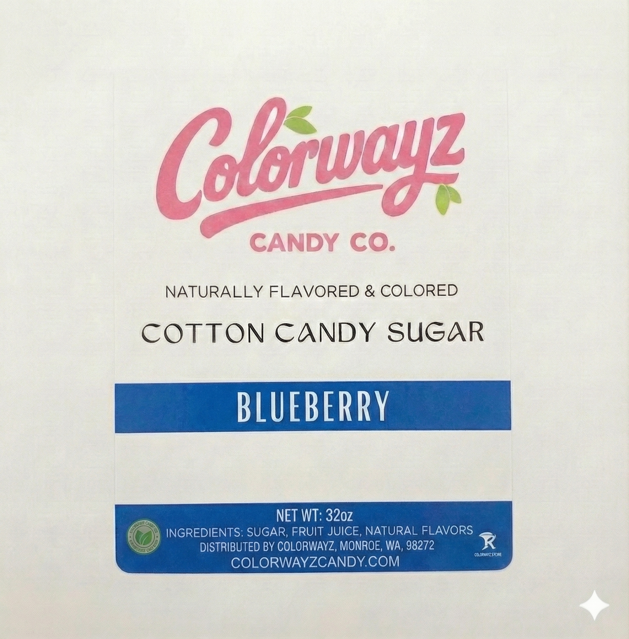Colorwayz Candy Co blueberry cotton candy sugar label showing ingredients with sugar, fruit juice, and natural flavors, dye-free cotton candy sugar