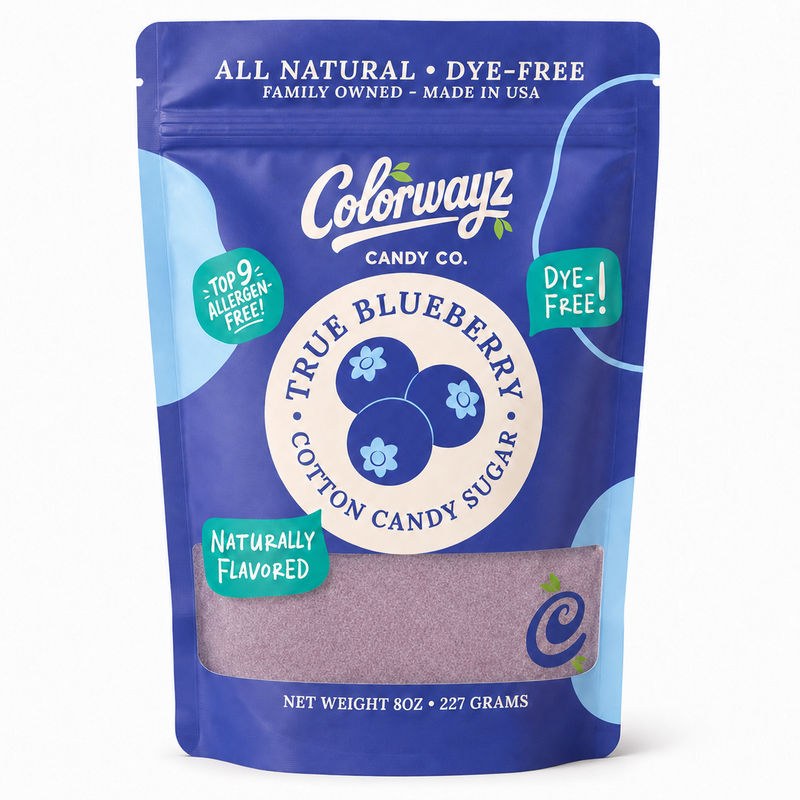A stand-up resealable pouch of Colorwayz Candy Co. True Blueberry Cotton Candy Sugar, 8 oz (227 grams).