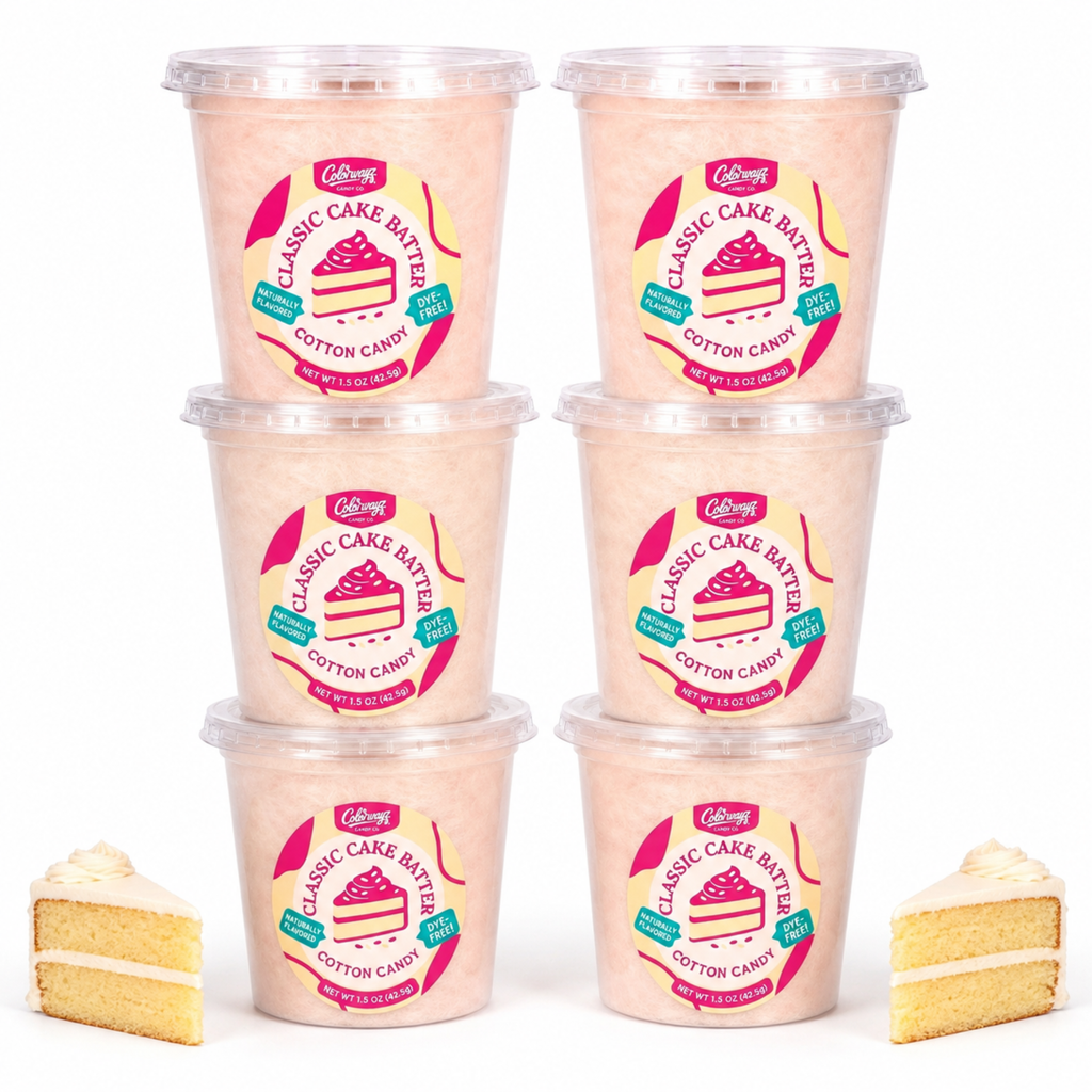 Six tubs of Colorwayz Classic Cake Batter cotton candy with slices of cake.
