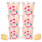 Six tubs of Colorwayz Classic Cake Batter cotton candy with slices of cake.