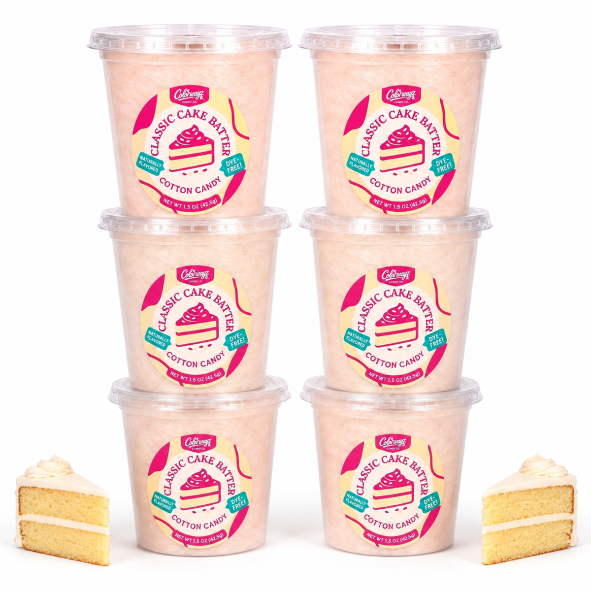 Six tubs of Colorwayz Classic Cake Batter cotton candy with slices of cake.
