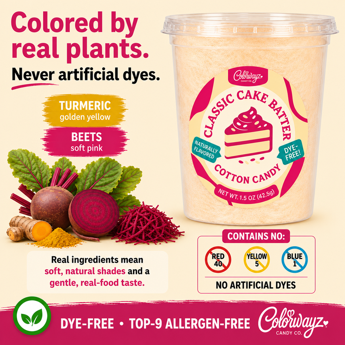 Classic Cake Batter cotton candy showing turmeric and beets used for color.