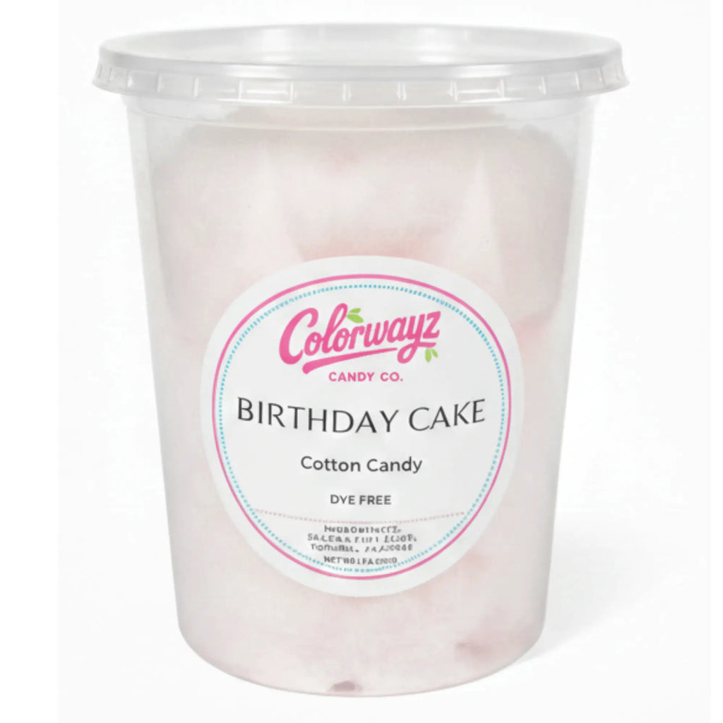 Colorwayz Birthday Cake cotton candy, dye-free cotton candy with sweet cake flavor in clear container