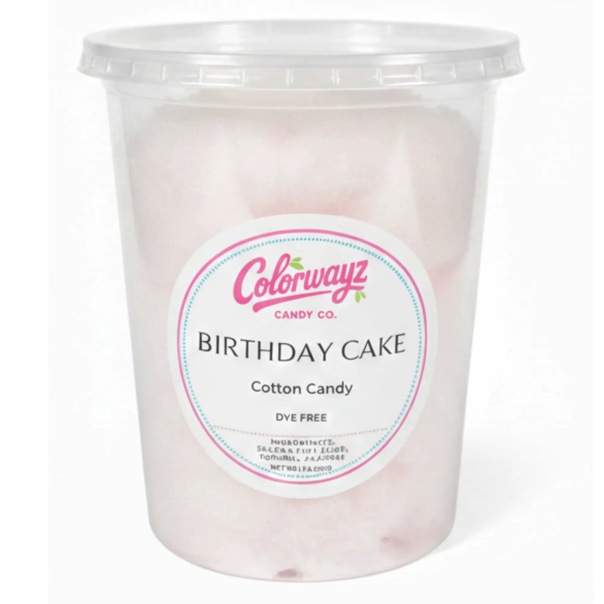 Colorwayz Birthday Cake cotton candy, dye-free cotton candy with sweet cake flavor in clear container