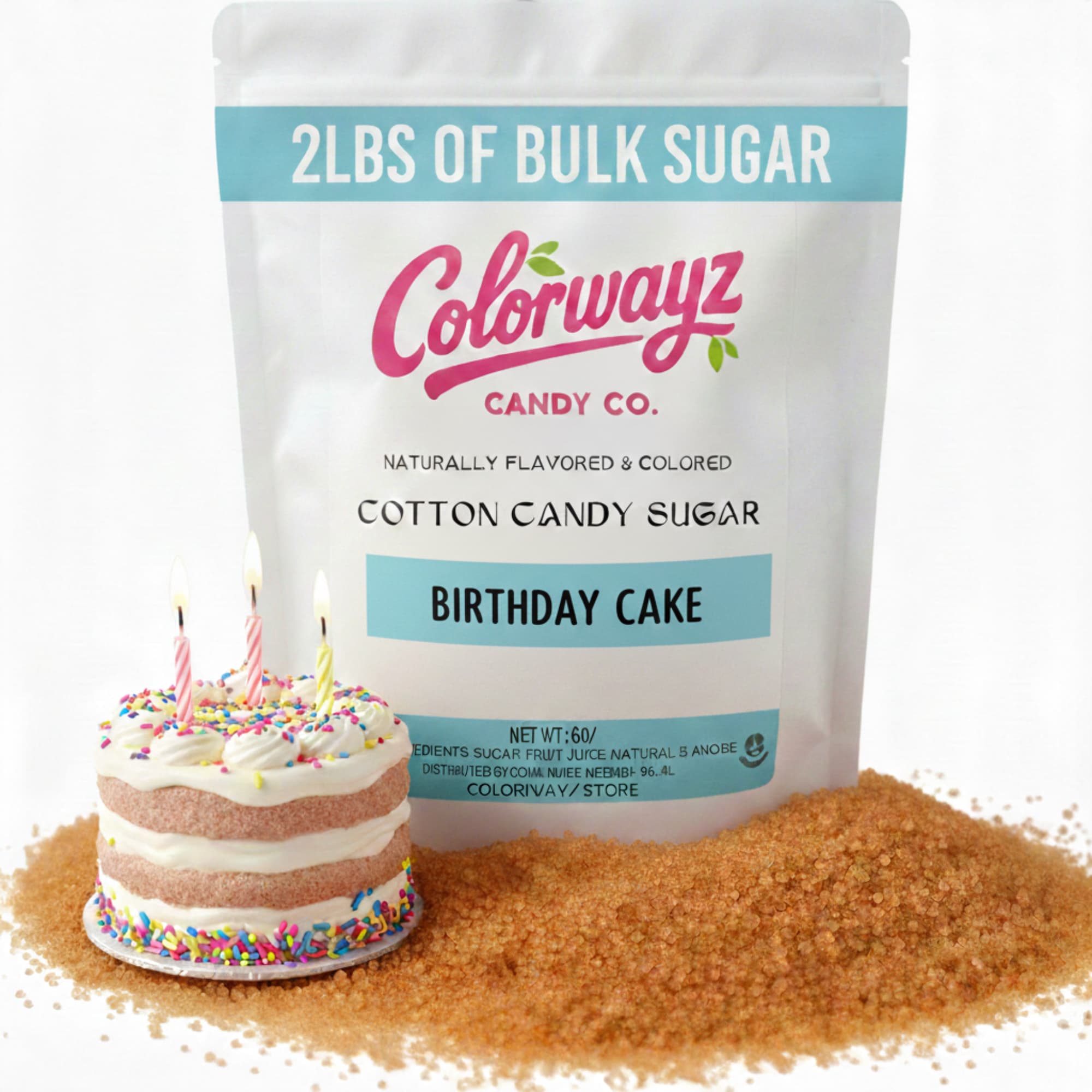 Colorwayz Birthday Cake cotton candy sugar, 2 lb bulk floss sugar, naturally flavored and colored