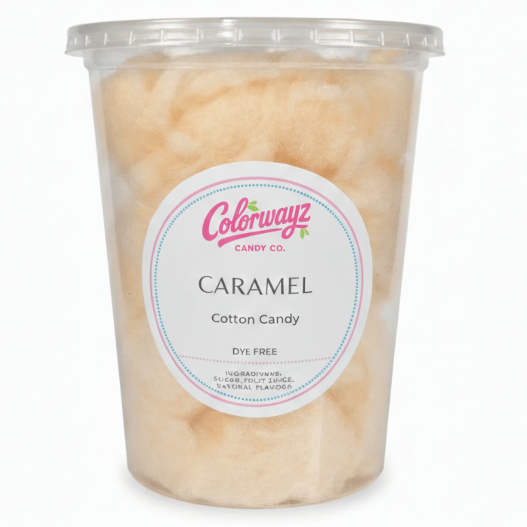Colorwayz Caramel cotton candy in clear container, dye-free cotton candy with rich caramel flavor