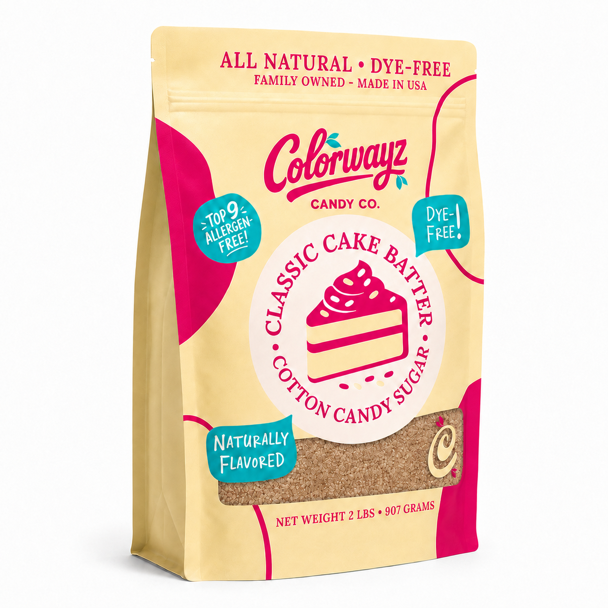 Colorwayz Candy Co. Classic Cake Batter Cotton Candy Sugar 2 lb pouch with toasted caramel-brown sugar visible through the front window