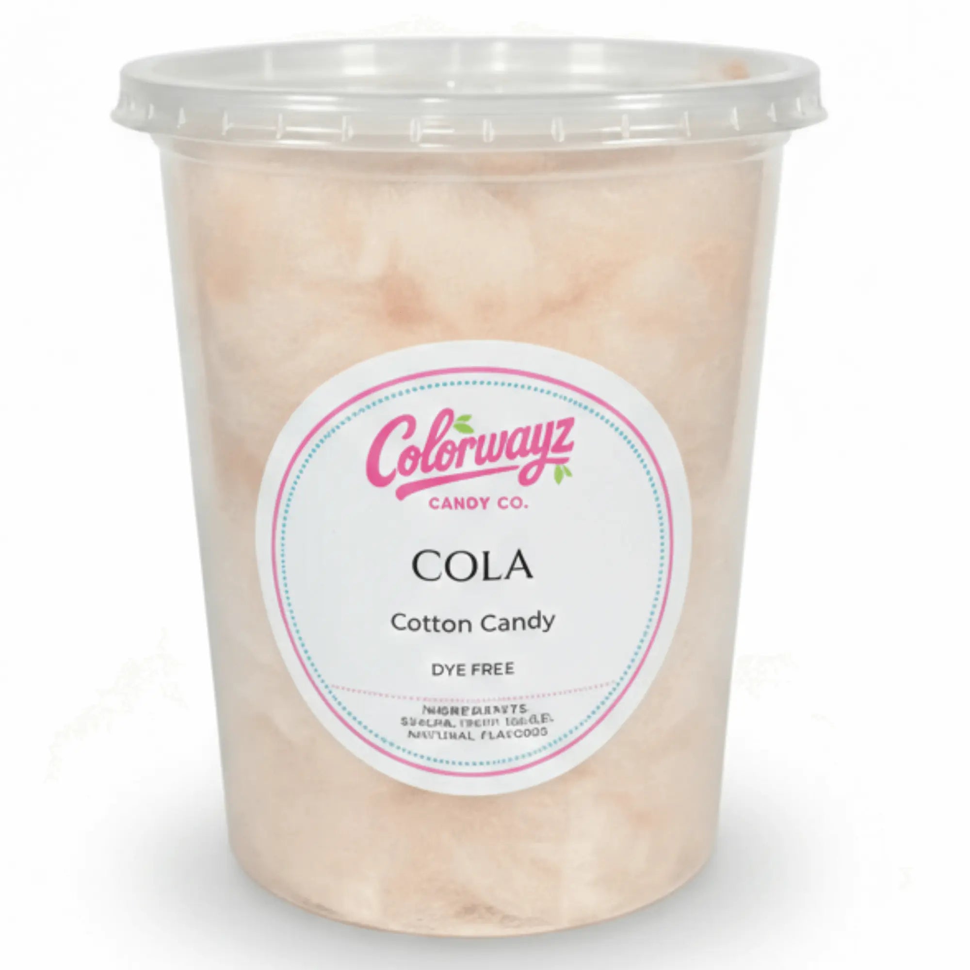 Colorwayz Cola cotton candy, dye-free cotton candy with classic cola flavor in clear tub