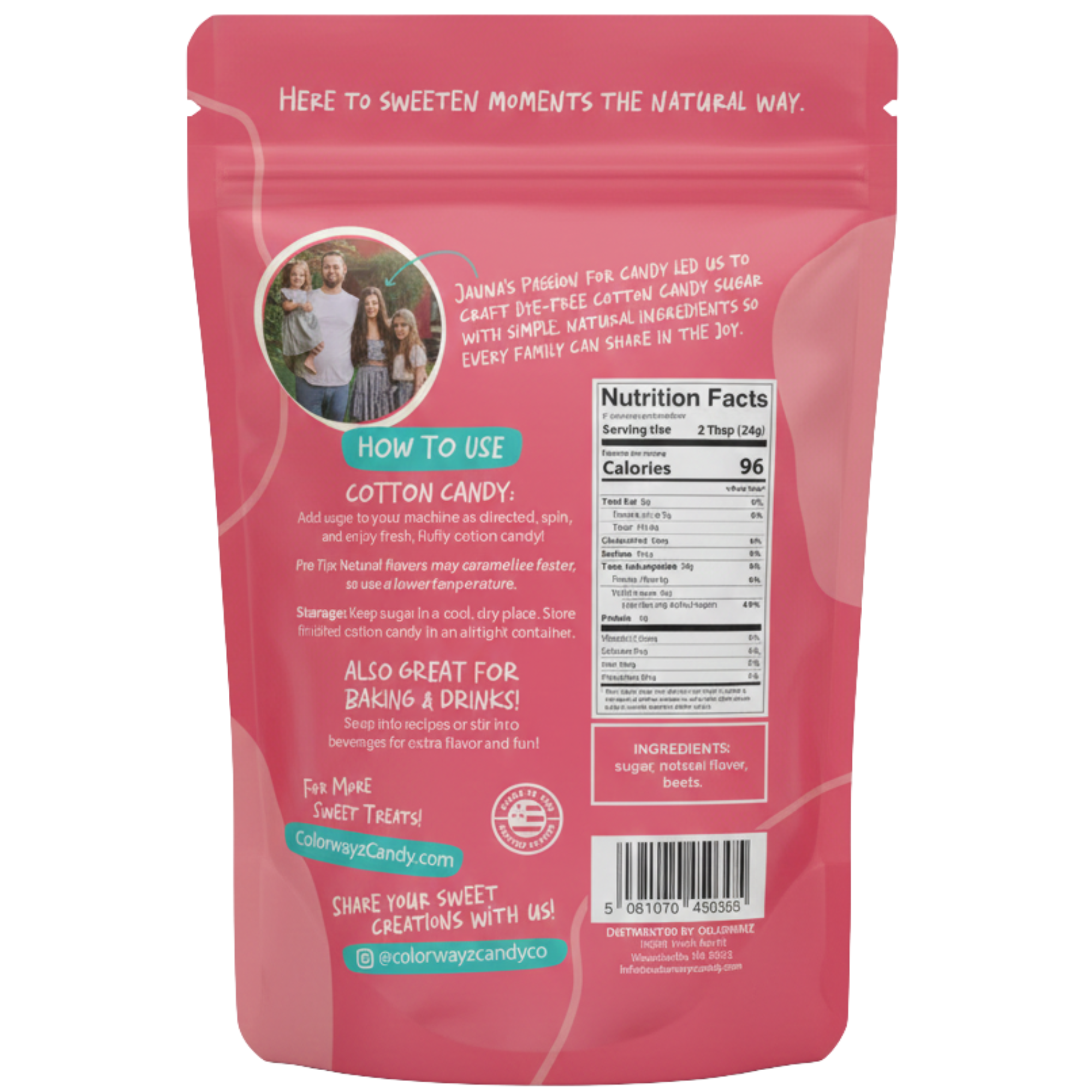 Back of Colorwayz cotton candy sugar packaging showing how to use instructions, nutrition facts, and ingredients