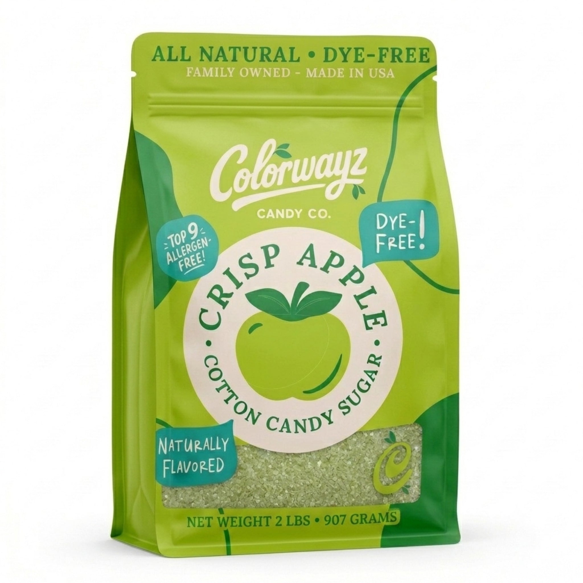 Colorwayz Candy Co. Crisp Apple Cotton Candy Sugar 2 lb pouch with pale green sugar visible through the front window