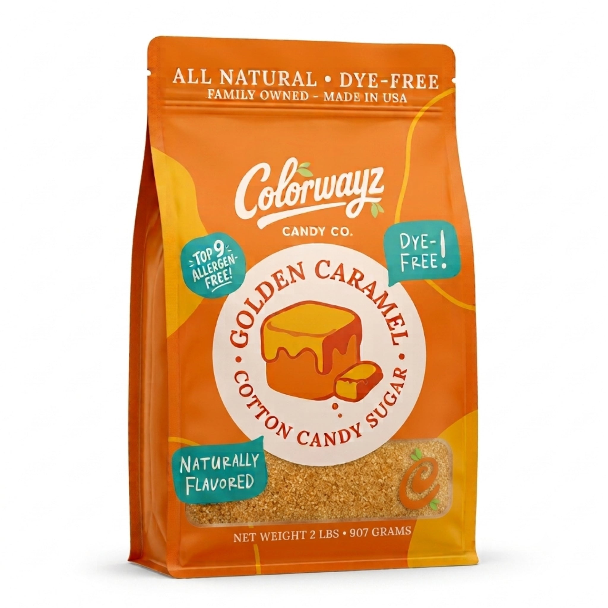 Colorwayz Candy Co. Golden Caramel Cotton Candy Sugar 2 lb pouch with golden caramel sugar visible through the front window